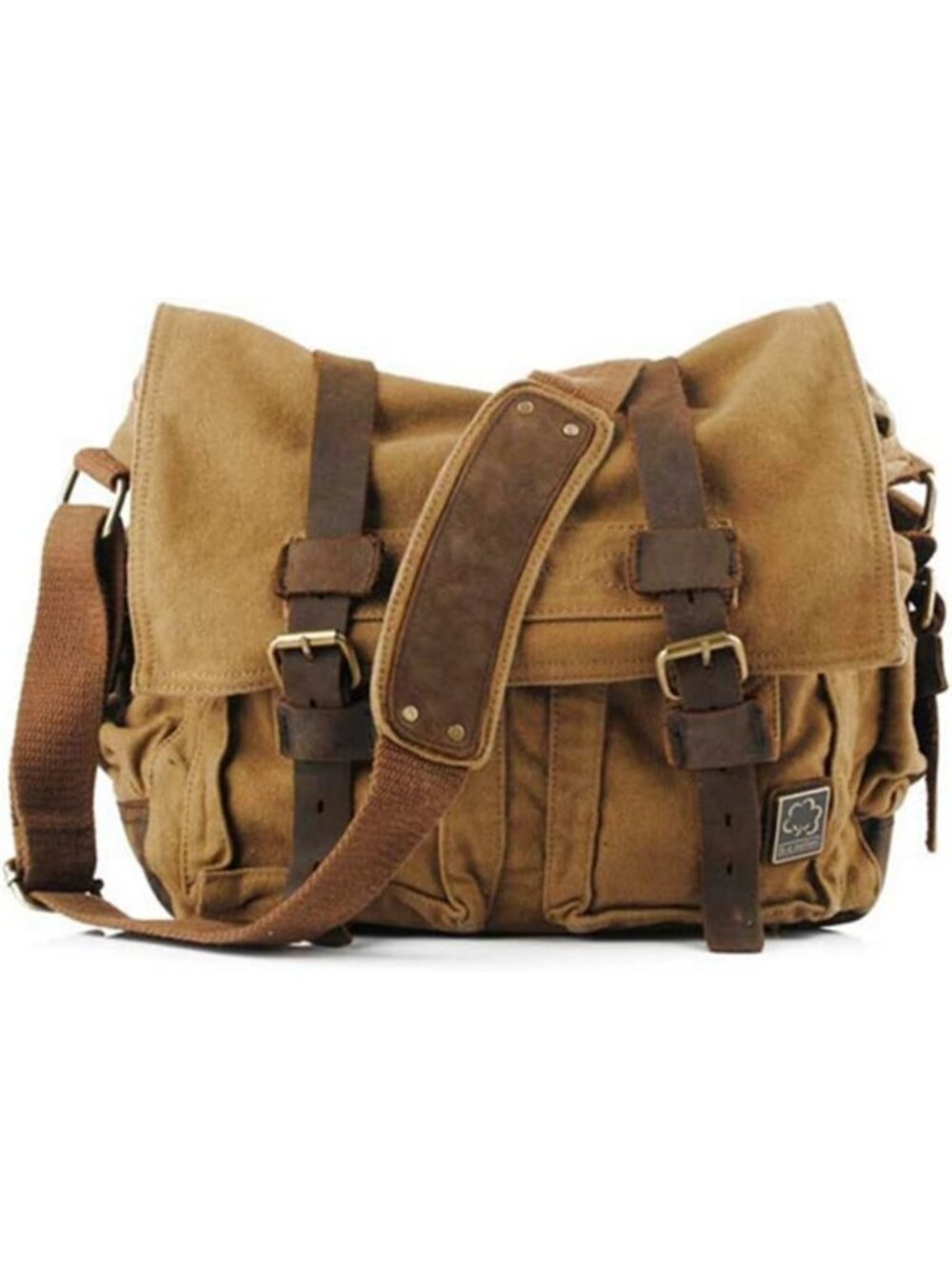 Vintage Military-Inspired Leather & Canvas Messenger Bag - Medium Laptop Tote